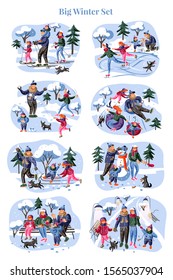 Family winter fun leisure flat illustrations set. Parents with children playing snowballs. People ice skating, sleighing and skiing isolated design elements pack. Cold season outdoor recreation