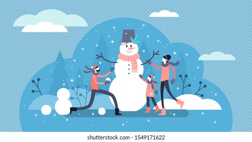 Family winter fun vector illustration. Flat tiny snowman ice balls making process persons concept. Traditional Christmas holidays outdoor activity with snow rolling, bucket and carrot nose elements.