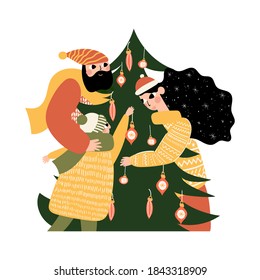 Family in winter, hand drawn vector illustration of a happy family in christmas and new year decorating Christmas tree, mom, dad, baby decorating together 