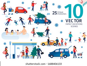 Family Winter Holidays Vacation Entertainments Trendy Flat Vector Scenes Set. Parents with Children Buying Christmas Tree, Going on Shopping, Making Snowman, Traveling with Baggage Illustrations