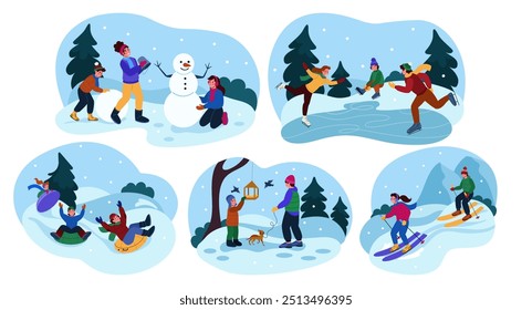 Family winter leisure. Children play on snow. Couple skating on river ice. Person happy to ski. Christmas holiday. Frozen park. Kids sledding down slope. Vector wintery tidy vacation activities set