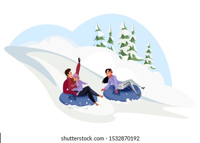 Family winter leisure flat vector illustration. Parents with child sliding from snowy hill isolated design element on white background. Adults and kid cartoon characters sleighing in rubber tubes