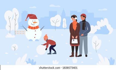 Family winter outdoor activity vector illustration. Cartoon flat active child son playing, making funny Xmas snowman, spending fun time with parents in snow nature of city park wintertime background