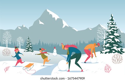 Family Winter Outdoor Fun in Forest, Mountain Resort on Vacation. Parent Make Snowman. Children Play Snowball Chasing Each Other. Sledding and Walk. Active Healthy Rest on Holiday. Vector Illustration