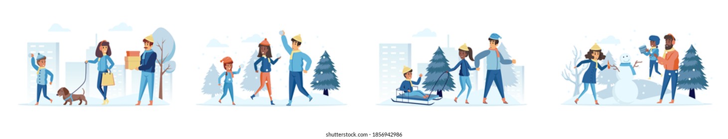 Familie im Winter Park Bündel von Szenen mit flachen Menschen Charaktere. Eltern mit Kindern, die Schneemann, Schneeschlitten und Wanderhunde machen. Cartoon für Winterferien, Vektorgrafik