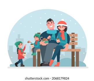 A family in a winter park is drinking hot drinks and eating sweets. Picnic in the winter on the bench. Vector illustration in flat style.