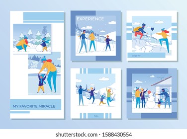 Family Winter Recreation and Active Games Outdoor Set. People, Adults and Children Cartoon Characters Enjoying Cold Snowy Weather during Christmas and New Year Vacation. Flat Vector Illustration.