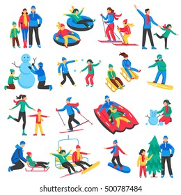 Family Winter Sports Icons Set With Adults And  Children Skiing Skating Making Snowman Flat Isolated Vector Illustration   