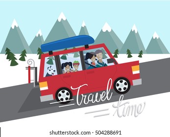 Family Winter Traveling. Mountain Outdoor Tourism. Travel By Car. Flat Design Vector Illustration