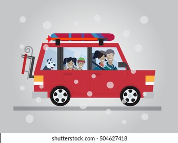 Family Winter Traveling. Travel By Car. Flat Design Vector Illustration