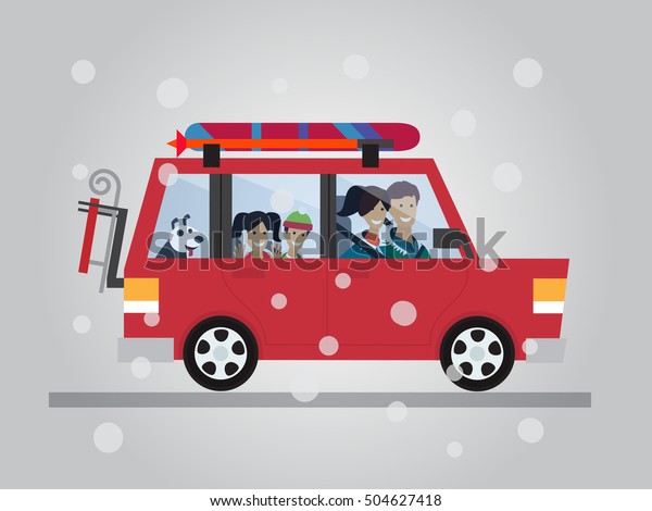 Family winter traveling. Travel by car. Flat\
design vector\
illustration