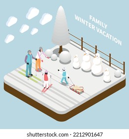 Family winter vacation background with kids and parents sledding skiing and making snowman isometric vector illustration