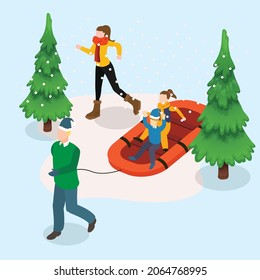 Family winter vacation riding snow tubing 3d isometric vector illustration concept for banner, website, landing page, ads, flyer template