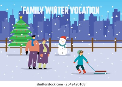 Family Winter Vacation in Snowy City Park with Christmas Tree, Snowman, and Child Sledding - Festive Holiday 2d flat vector illustrations