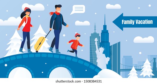 Family Winter Vacation to United States on Christmas Holidays Invitation Poster. Happy Cartoon Father, Mother, Son Characters Standing on Bridge. Snowy Park, Landmarks Scene. Vector Flat Illustration