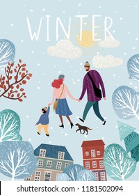 Family in winter, vector illustration of a happy family in christmas and new year on a walk around the city, mom, dad, baby and dog stroll through the park