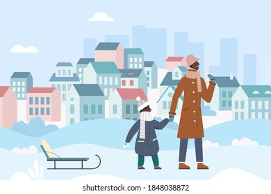 Family winter walk activity vector illustration. Cartoon active father with child walking and sledding in Christmas snowy cityscape, man holding sledge and enjoying xmas city under snow background