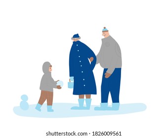 Family winter walking. Grandfather, grandmother and little grandson standing together. Happy persons dressed in warm trendy clothes. Boy hands the mature couple a snowball. Vector flat illustration