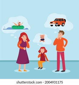 Family wishful thinking concept: Happy Father, Mother, and daughter wishful thinking vector illustration