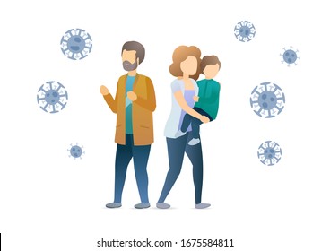 Family without protective masks attacked by coronavirus bacteria. Mother, father and son in danger situation. Epidemic MERS-CoV virus 2019-nCoV. Vector flat illustration concept on white background.