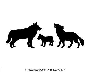 Family of wolves. Silhouettes of animals. Vector illustrator