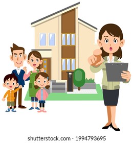 A family, a woman in a construction shop pointing a finger, and a house