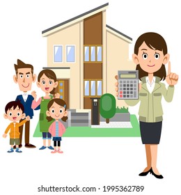 A family, a woman in a construction shop showing a calculator, and a house