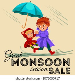 family woman with girl walking rain with umbrella in hands, raindrops dripping into puddles, baby with mom waterproof jacket rubber boots under raining clouds vector illustration
