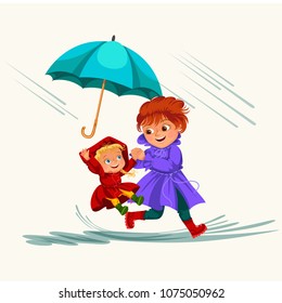 family woman with girl walking rain with umbrella in hands, raindrops dripping into puddles, baby with mom waterproof jacket rubber boots under raining clouds vector illustration