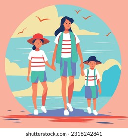 Family woman mom and children son and daughter boy and girl in flat vector abstract illustration. Happy family walk in the city walk by the sea on vacation