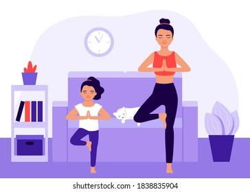 Family, women and child practicing yoga at home. People doing yoga exercise, meditation. Mother with daughter in yoga pose. Vector flat illustration