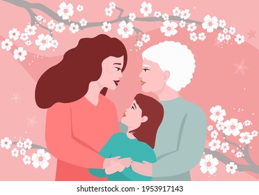 A family of women, mother, grandmother, daughter hug each other against the background of spring cherry blossoms. The concept of motherhood, love, care of different generations. Vector graphics. - Shutterstock ID 1953917143