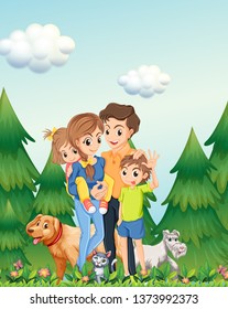 Family in woods scene illustration