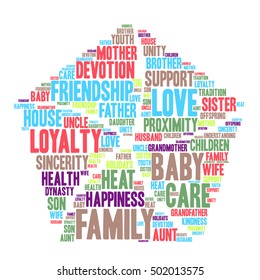 Family word cloud in pentagon shape on white background, social concept, vector.