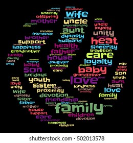 Family word cloud in shape of ball on black background, social concept, vector.