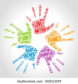 Family word cloud in shape of five open palms. Social concept. Gradient background.