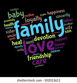 Family word cloud in shape of heart. Social concept. Vector. Black Background.