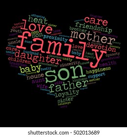 Family word cloud in shape of heart. Social concept. Black background.