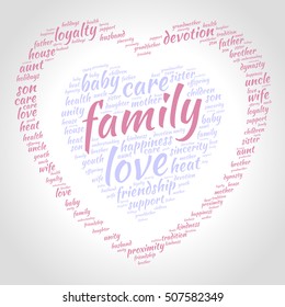 Family word cloud in shape of heart. Social concept. Gradient background.
