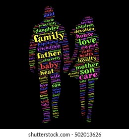 Family word cloud in shape of young couple. Social concept. Black background.