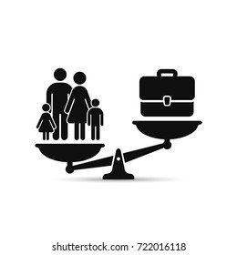 Family Or Work Concept. Case And Family On Scales, Work And Life Balance.