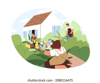 Trabajo familiar en el jardín, patio trasero. La gente siembra jardineros, cuida y regando flores y plantas verdes al aire libre en las vacaciones de verano. Estilo de vida de aldea. Ilustración vectorial plana aislada en blanco