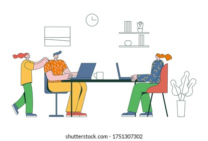Family work at home. Busy father and mother working on laptop in living room at home. Daughter wants to play with dad. Flat cartoon happy family vector. Parents and children vector illustration 