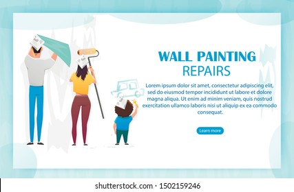 Family Work, Home Renovation Flat Cartoon Vector Illustration. Father and Mother Painting Walls with Roller. Son Helping Parents and Painting Car. Wall Painting Repairs Website Landing Page.