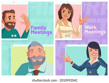 Family or work online meeting cartoon posters.