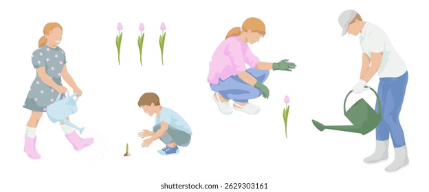 Family working in flower garden, woman in work clothes  squatting to gardening, Man  watering with watering can, Girl with a watering can, boy gardening flower sprout