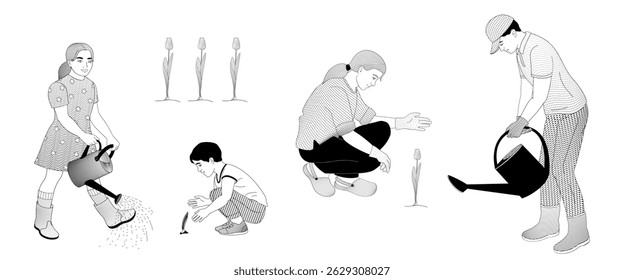 Family working in flower garden, woman in work clothes  squatting to gardening, Man  watering with watering can, Girl with a watering can, boy gardening flower sprout,Black and white vector illustrat