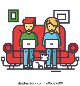 Family working at home, freelancers chating with laptops on sofa, freelance concept. Line vector icon. Editable stroke. Flat linear illustration isolated on white background