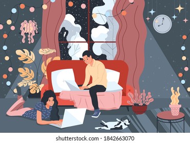 The Family Is Working At Home Or The Youth Are On Social Networks. Freelancers In Winter, Self-isolation. Cozy Interior With Houseplants And Cat. Vector Illustration.