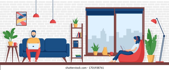 Family works from home. A man sits on a sofa with a laptop. A woman is sitting in a chair with a notebook.Concept of remote work, freelance, distance learning, coworking. Cartoon vector illustration 